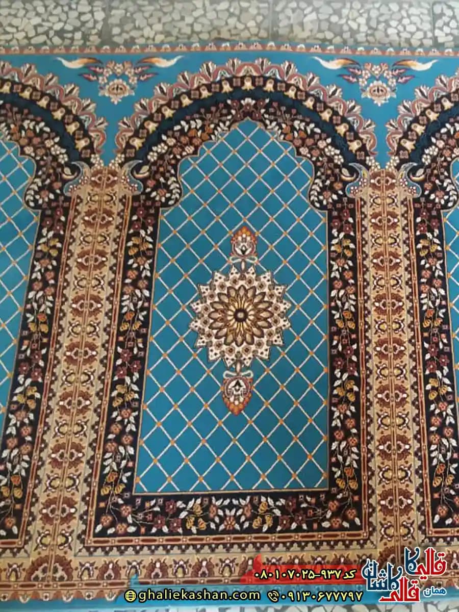 فرش مسجد 700 شانه طرح فردوس رنگ آبی فیروزه ای کاشان — تصویر ۲