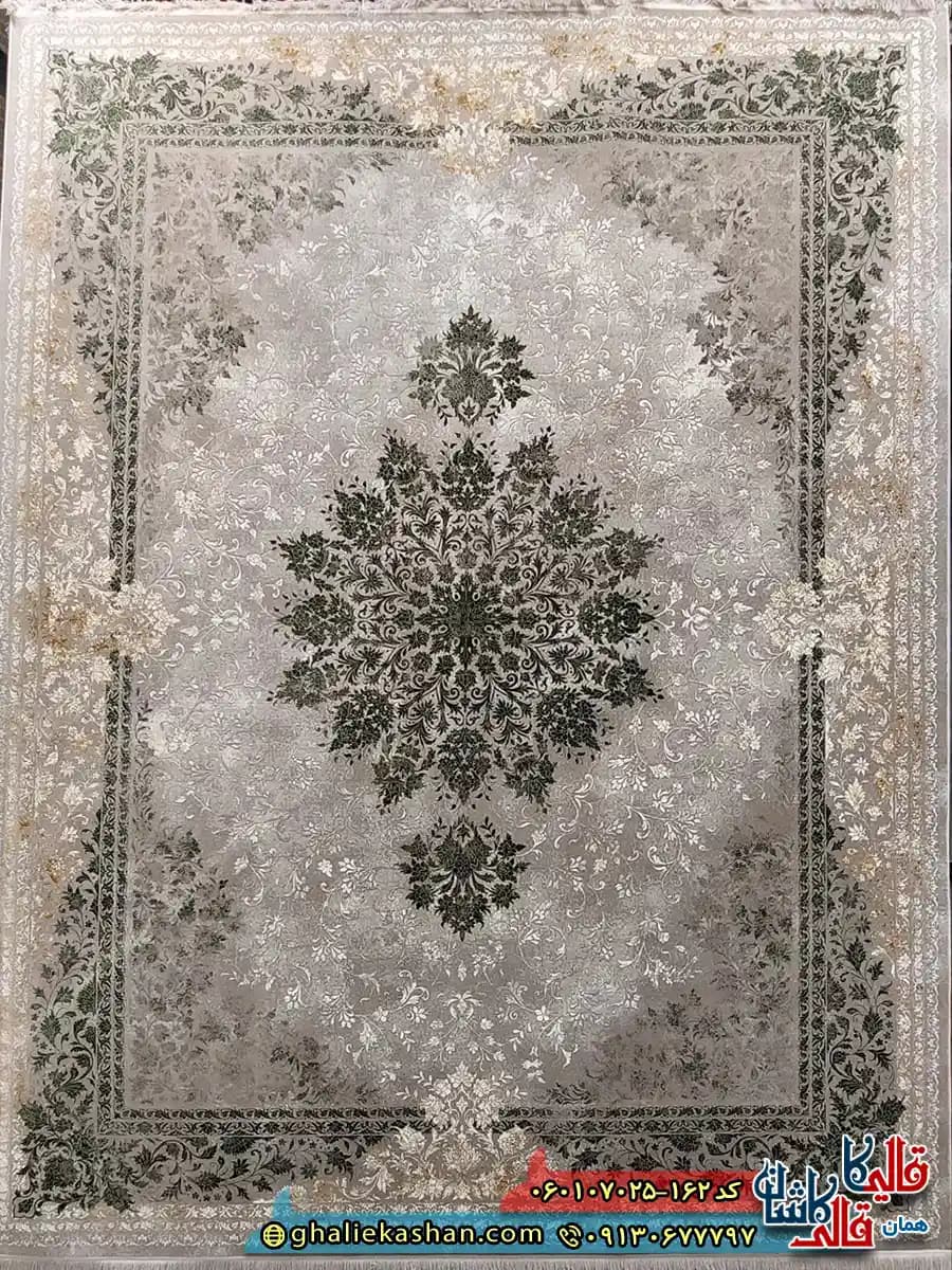 فرش وینتیج 700 شانه طرح پروانه ای رنگ سبز ترمه ای کاشان — تصویر ۲
