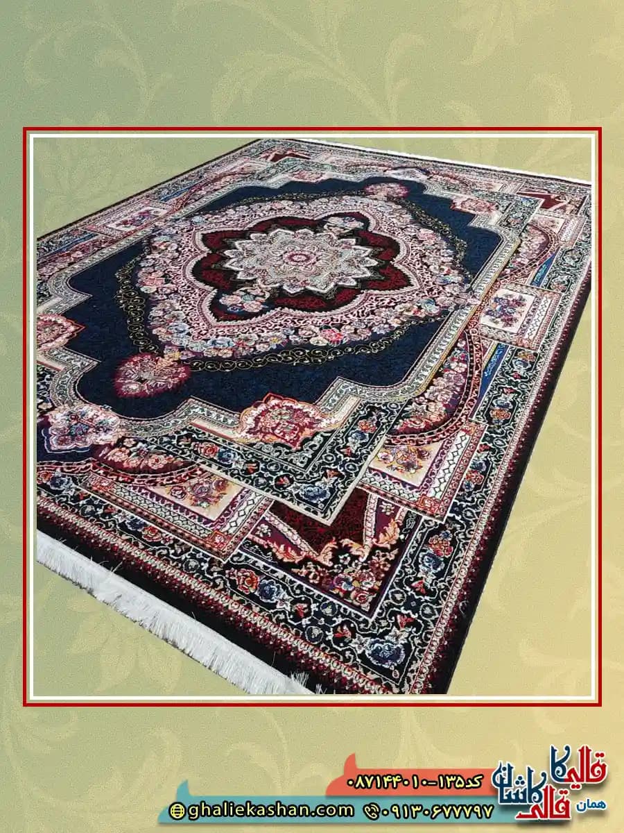 فرش ارزان طرح 700 شانه طرح باغ معلق رنگ سرمه ای فیلی کاشان — تصویر ۲