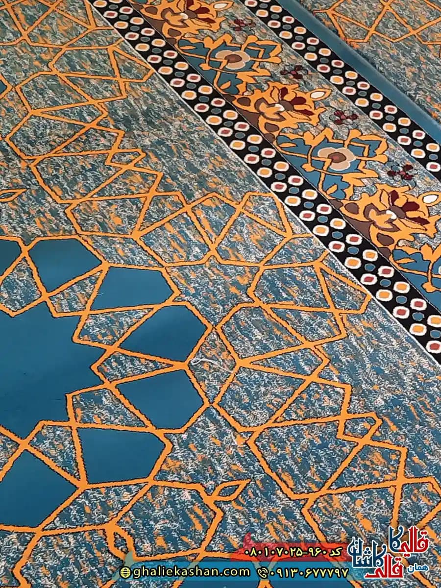 سجاده فرش نماز و مسجد 700 شانه کاشان طرح تشربفات شمسه رنگ آبی — تصویر ۳