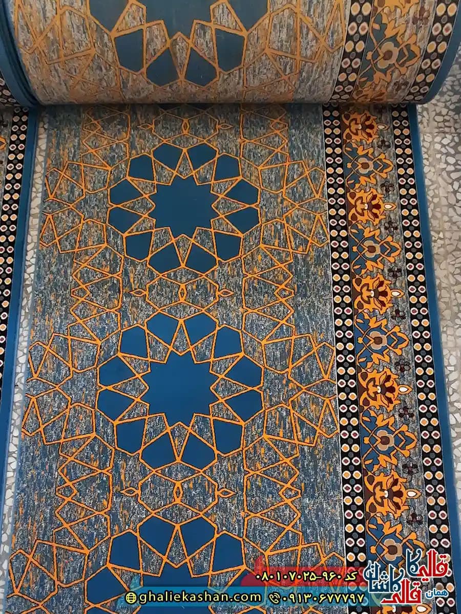 سجاده فرش نماز و مسجد 700 شانه کاشان طرح تشربفات شمسه رنگ آبی — تصویر ۲