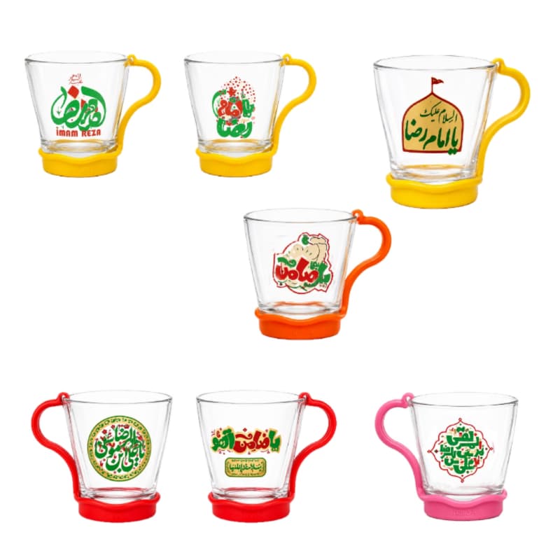 لیوان شیشه ای شفاف کودکانه طرح های امام رضایی-قطر دهانه 7 ارتفاع 7.5-دسته پلاستیکی رنگی جدا کد 103443 — تصویر ۲