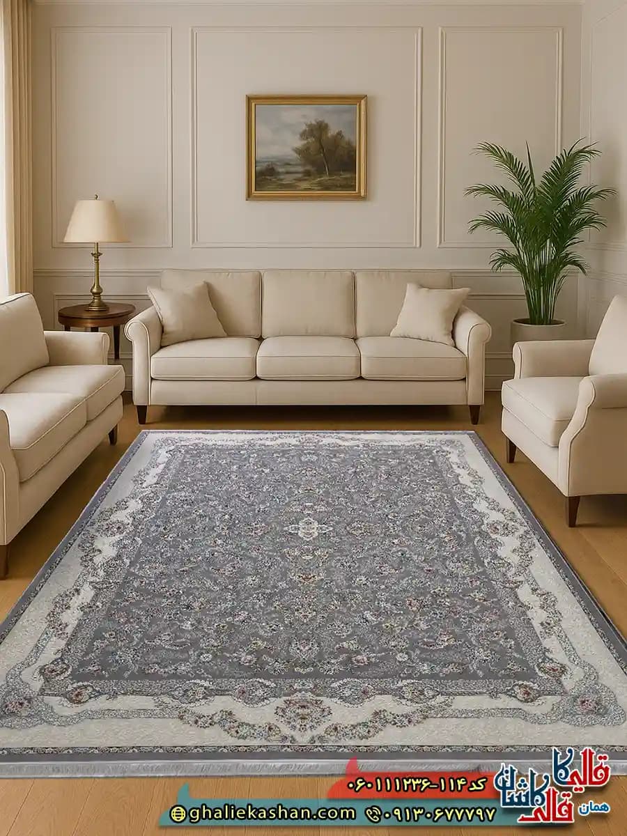 فرش 1200 شانه طرح افشان سوسن رنگ طوسی نقره ای گل برجسته کاشان