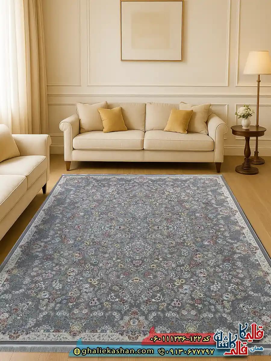 فرش 1200 شانه طرح افشان شیدا رنگ طوسی نقره ای گل برجسته کاشان