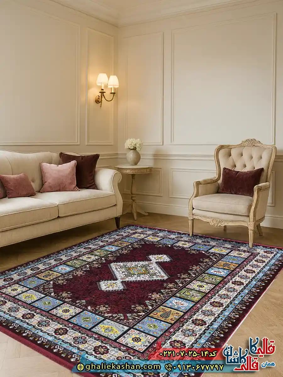 فرش سنتی 700 شانه طرح خشتی ژاتیس رنگ قرمز روناسی کاشان