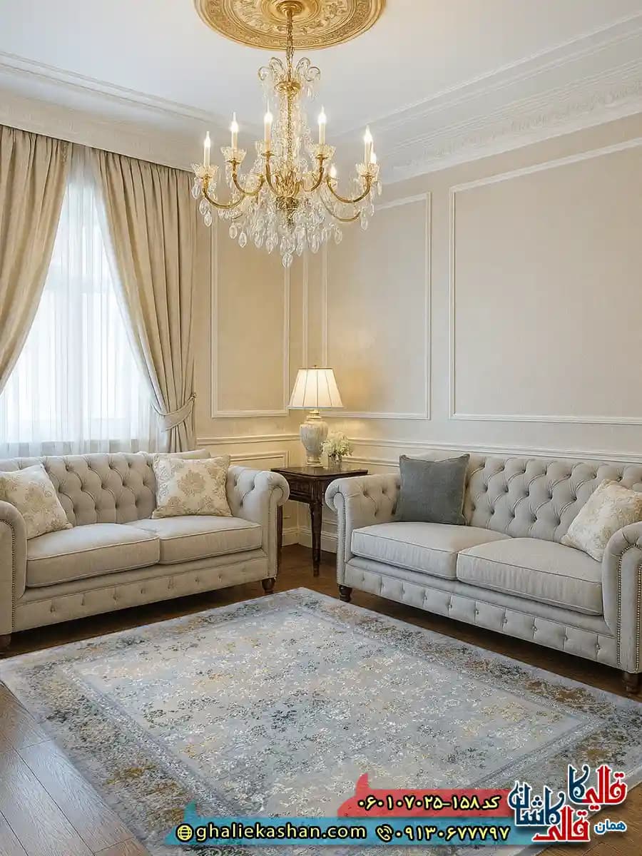 فرش وینتیج 700 شانه طرح افشان مارینا رنگ سبز نقره ای کاشان