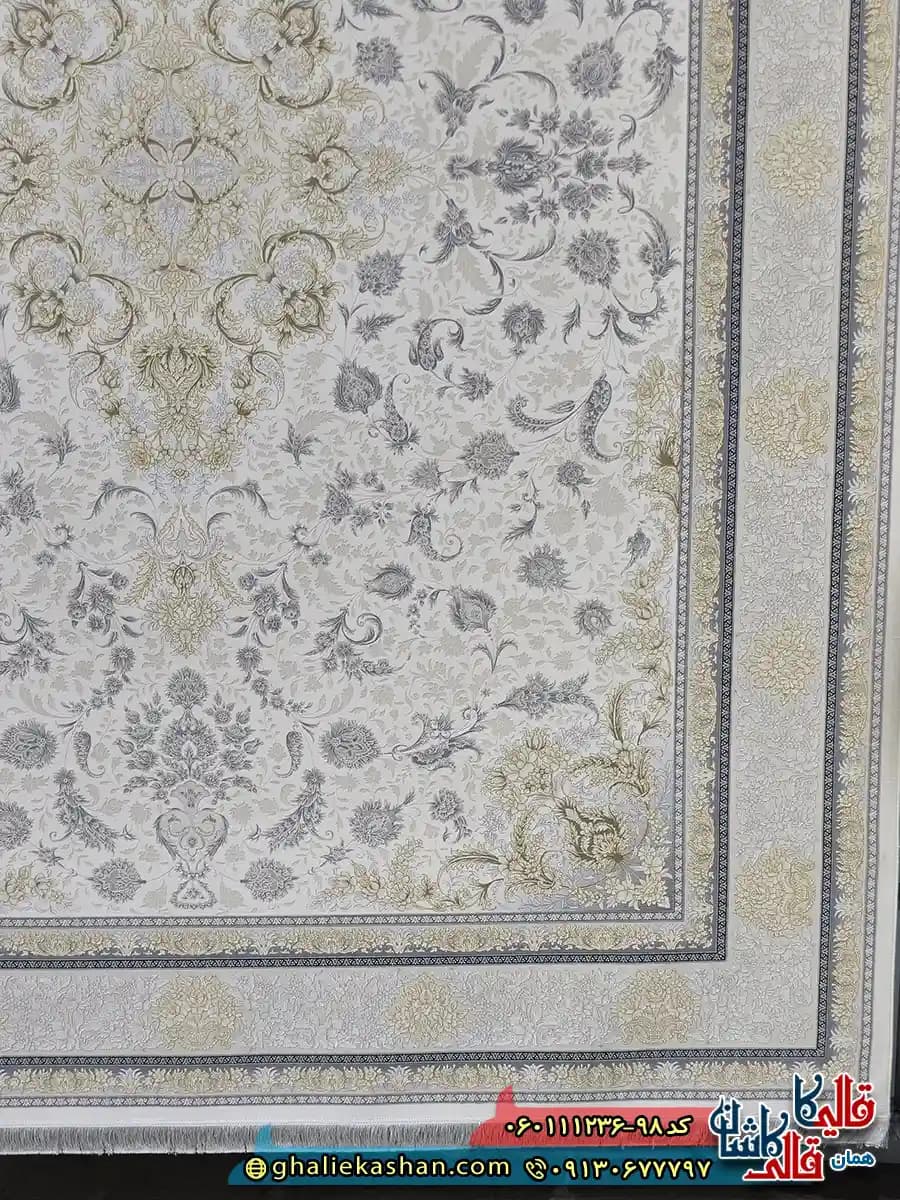 فرش 1200 شانه طرح رایان رنگ سفید گل برجسته کاشان — تصویر ۳