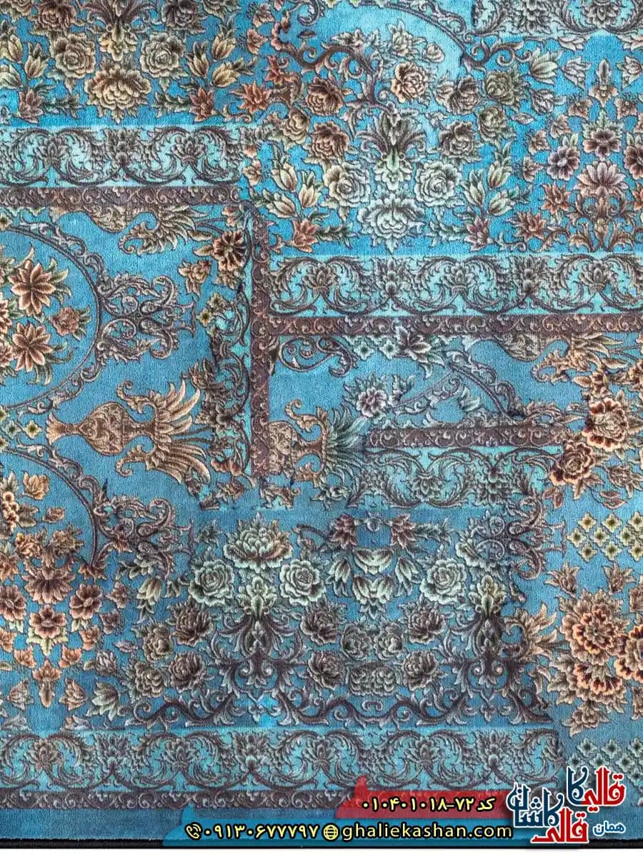 فرش 1000 شانه طرح طاق امیری چهل بند زمینه آبی فیروزه ای کاشان — تصویر ۵