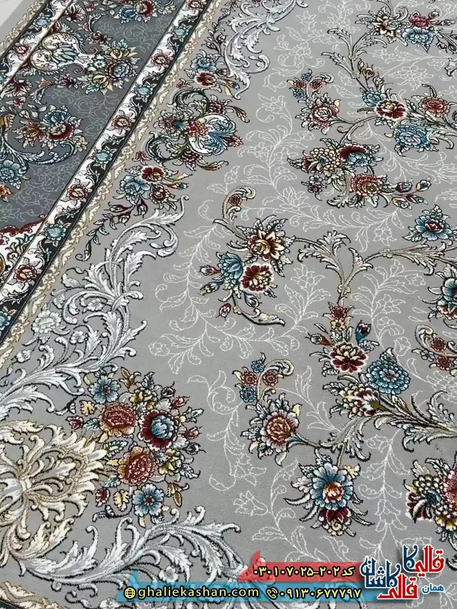 فرش 700 شانه طرح افشان حریر رنگ طوسی سیلور کاشان — تصویر ۴