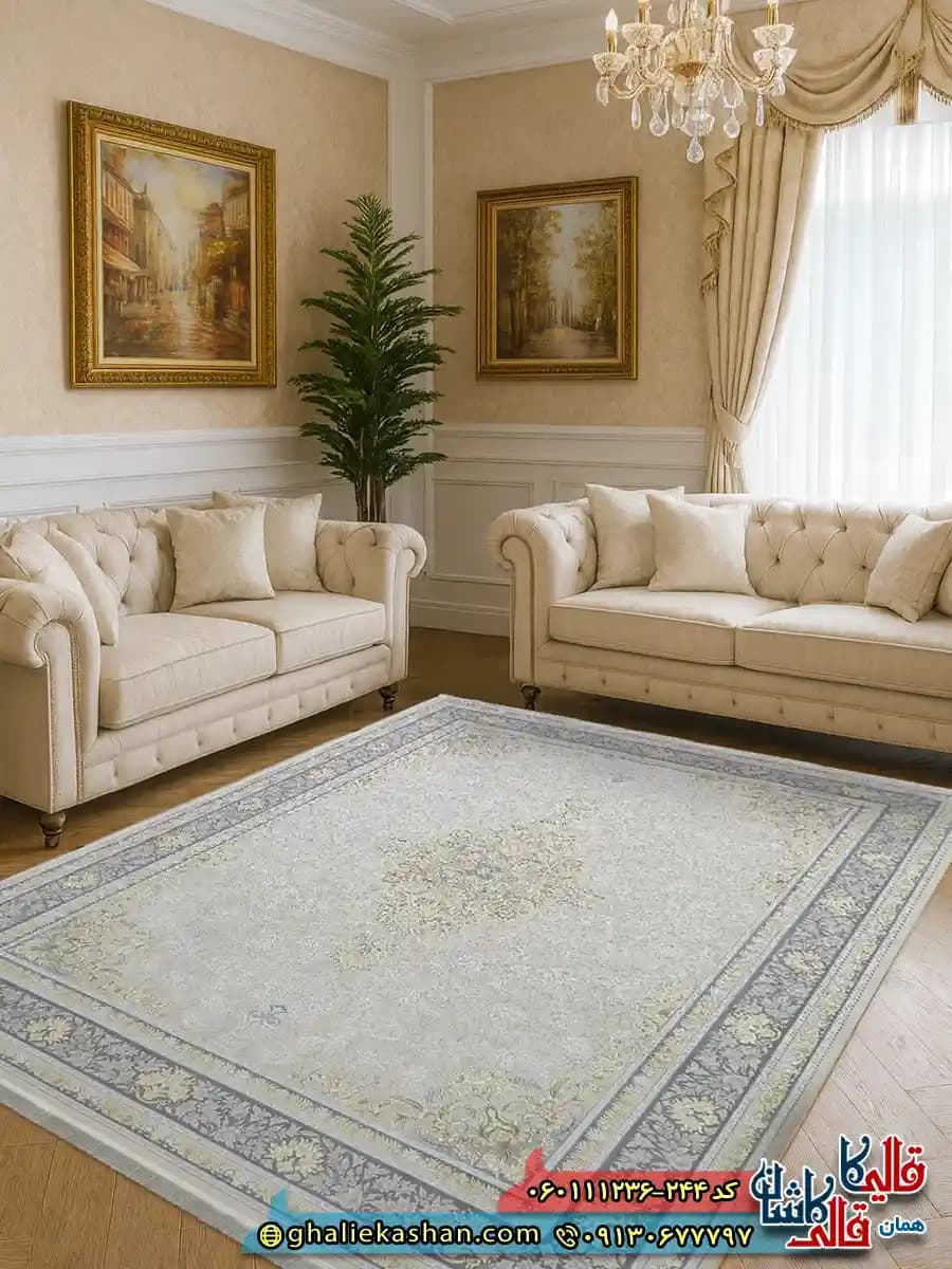 فرش طلاکوب 1200 شانه طرح رایان رنگ کرم گل برجسته کاشان
