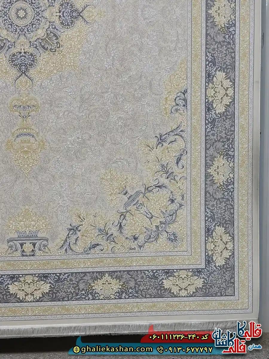 فرش طلاکوب 1200 شانه طرح ترلان رنگ کرم گل برجسته کاشان — تصویر ۳