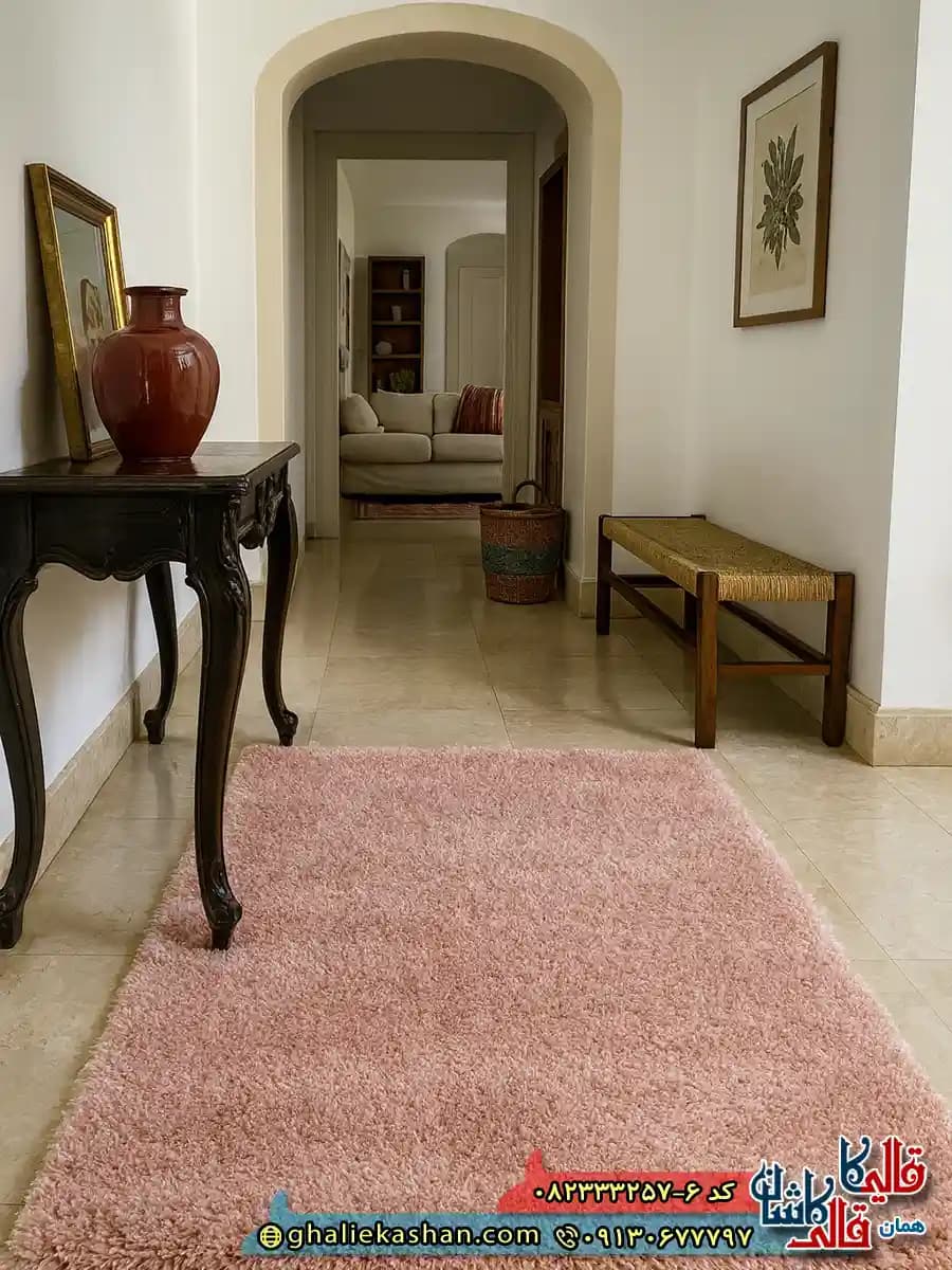 فرش شگی فلوکاتی طرح ساده رنگ صورتی مرجانی کاشان — تصویر ۴