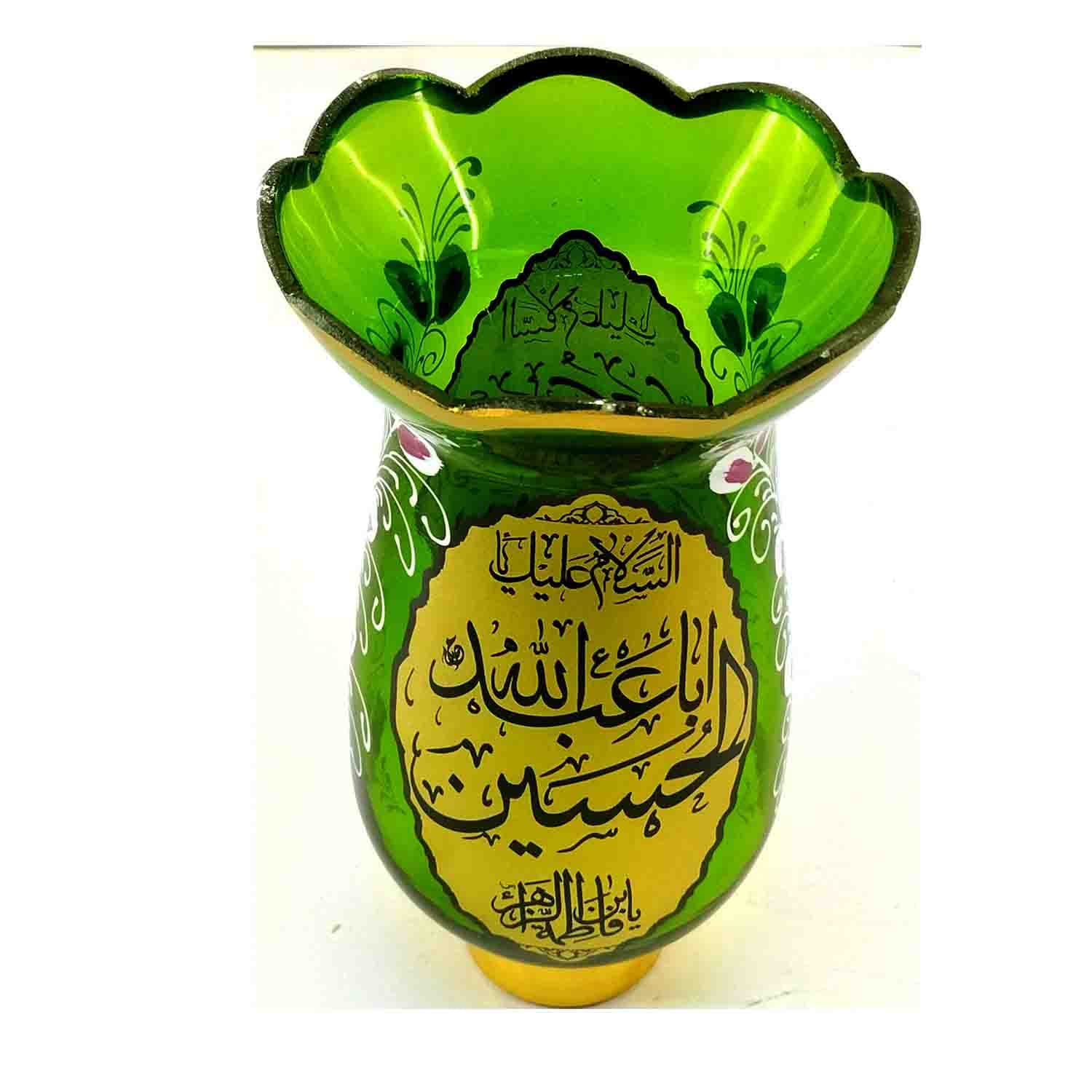 لاله شمعدانی کوچک ارتفاع 46 قطر دهانه 11-سبز یا اباعبدالله الحسین ع و یا زینب کبری س-کنار منبری هیئت کد 103263 — تصویر ۴