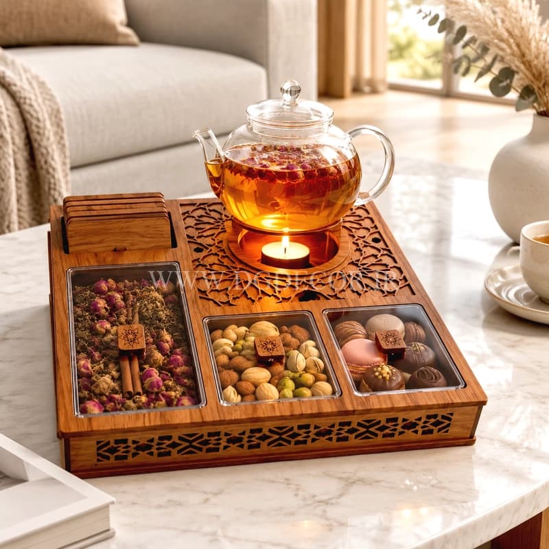 باکس پذیرایی وارمردار چوبی لوکس (۳۰×۳۰) + ۶ عدد زیرلیوانی — تصویر ۲