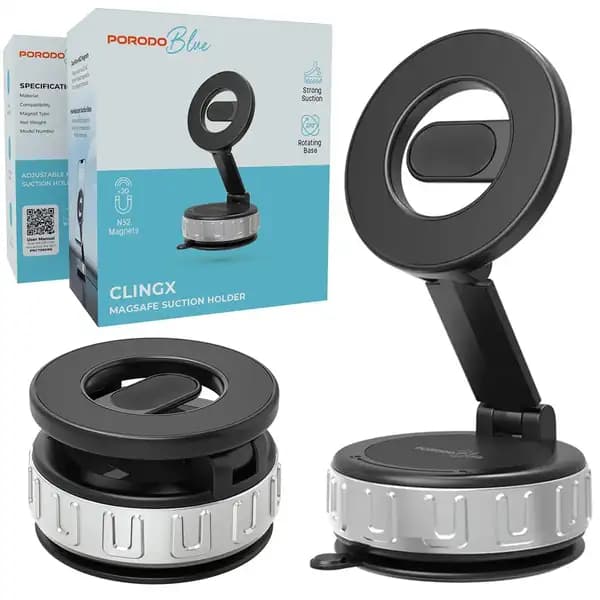 هولدر و نگهدارنده موبایل مگنتی وکیومی خودرو پرودو مدل Porodo Clingx MagSafe Suction Holder PBCT080BK — تصویر ۴