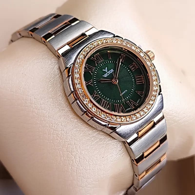 ساعت مچی زنانه ویکتور فرانسه اورجینال نقره ای رزگلد سبز مدل V5770 — تصویر ۲
