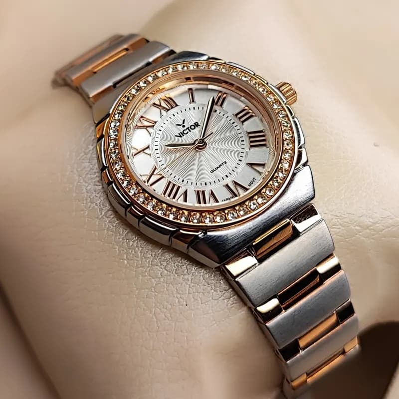 ساعت مچی زنانه ویکتور فرانسه اورجینال نقره ای رزگلد سبز مدل V5770 — تصویر ۱۱