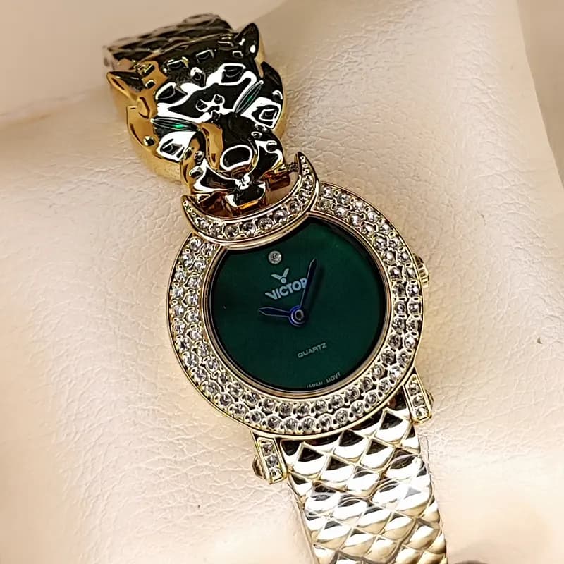 ساعت مچی زنانه ویکتور فرانسه اورجینال سلطنتی طلایی سبز مدل V5726 — تصویر ۶