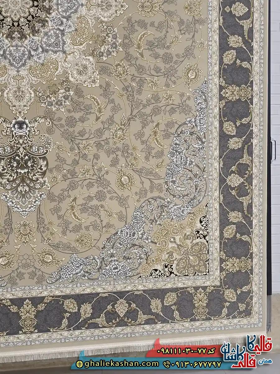 فرش طلاکوب 1000 شانه طرح یکتا رنگ بژ گل برجسته کاشان — تصویر ۲