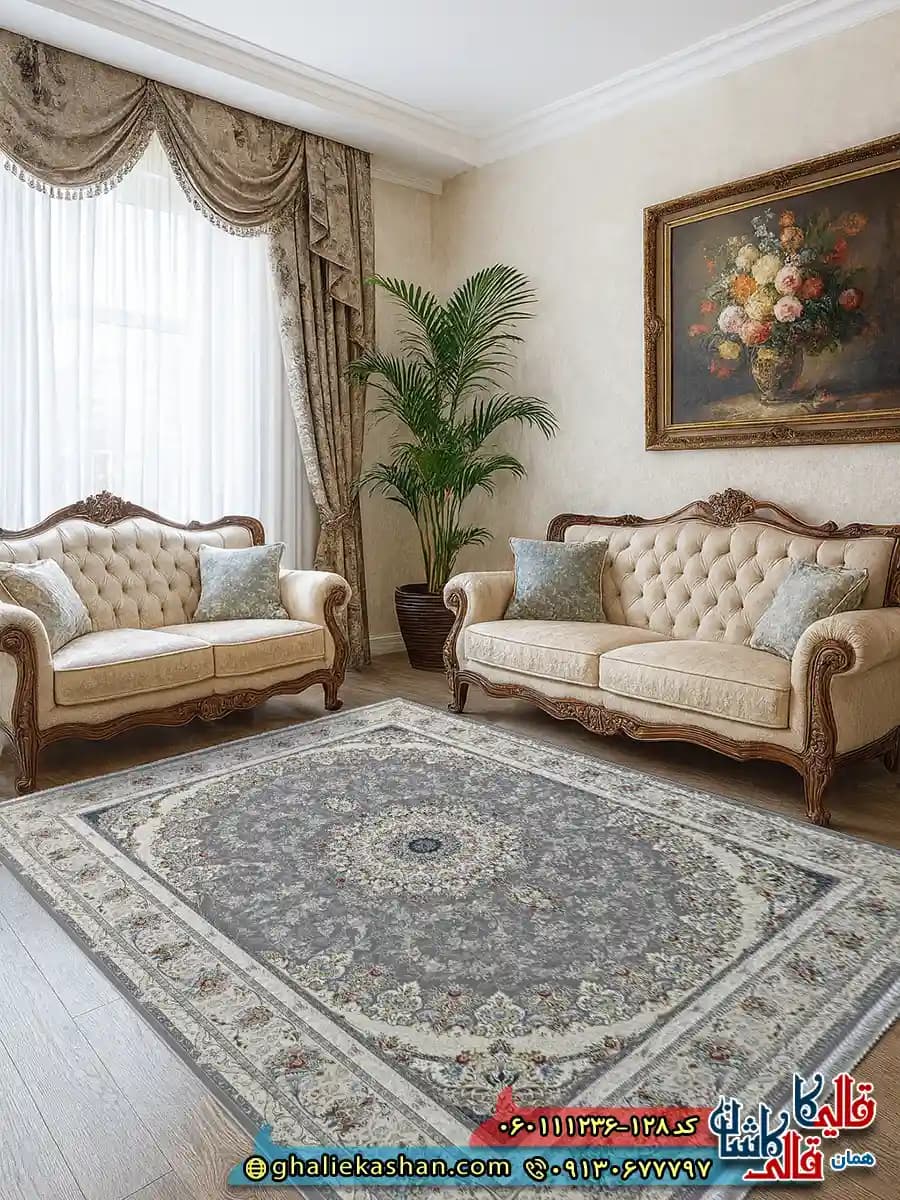 فرش 1200 شانه طرح فریبا رنگ طوسی نقره ای گل برجسته کاشان