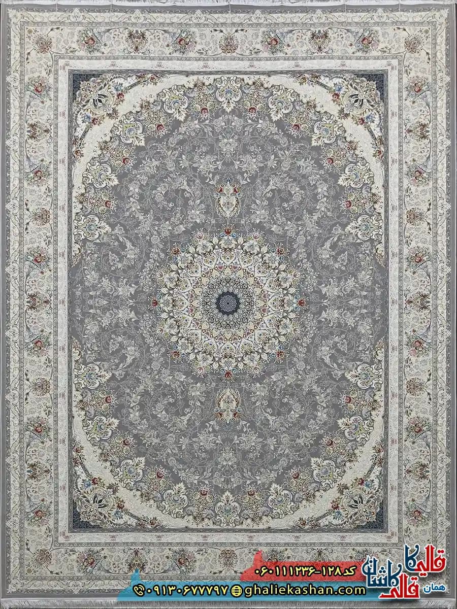 فرش 1200 شانه طرح فریبا رنگ طوسی نقره ای گل برجسته کاشان — تصویر ۲