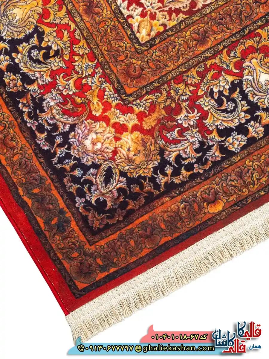 فرش وینتیج 1000 شانه طرح افشان شاه گل زمینه قرمز طلایی کاشان — تصویر ۵