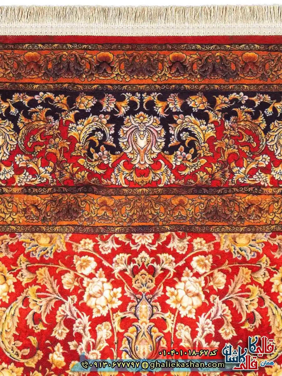 فرش وینتیج 1000 شانه طرح افشان شاه گل زمینه قرمز طلایی کاشان — تصویر ۴