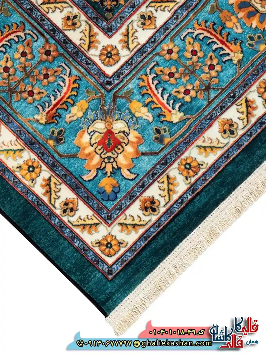 فرش سنتی 1000 شانه طرح افشان سلطانی زمینه سبز کاشان — تصویر ۵