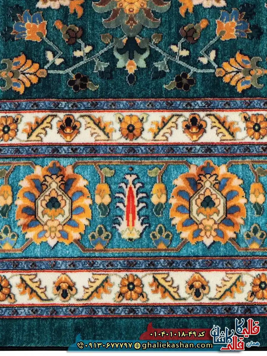 فرش سنتی 1000 شانه طرح افشان سلطانی زمینه سبز کاشان — تصویر ۳