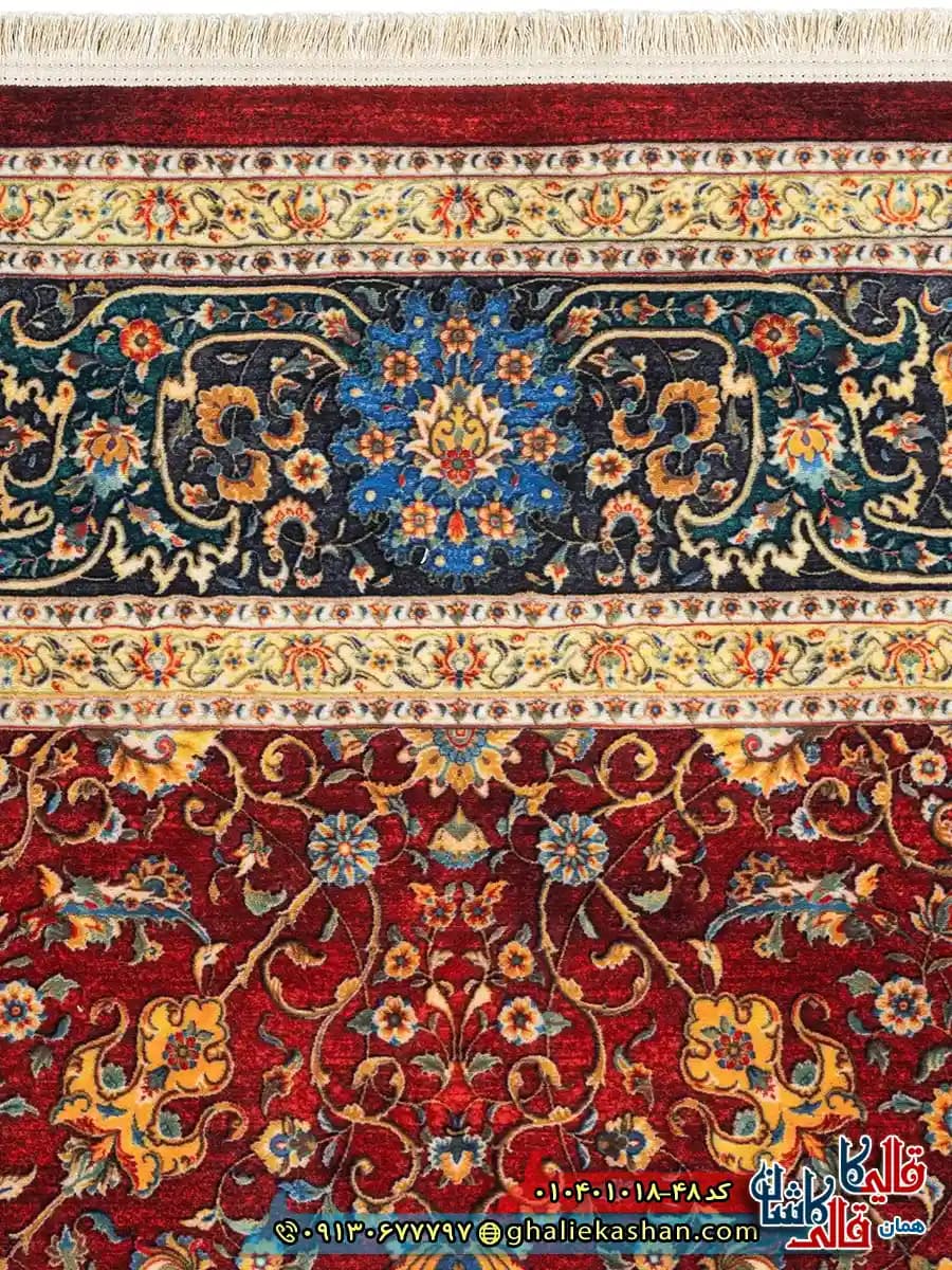 فرش سنتی 1000 شانه طرح افشان طاووس زمینه قرمز لاکی کاشان — تصویر ۴