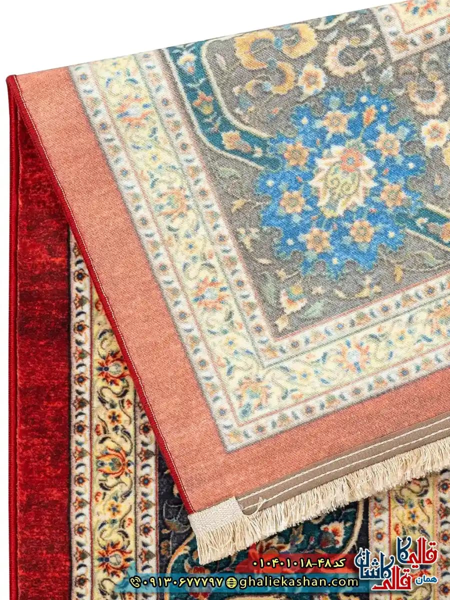 فرش سنتی 1000 شانه طرح افشان طاووس زمینه قرمز لاکی کاشان — تصویر ۶