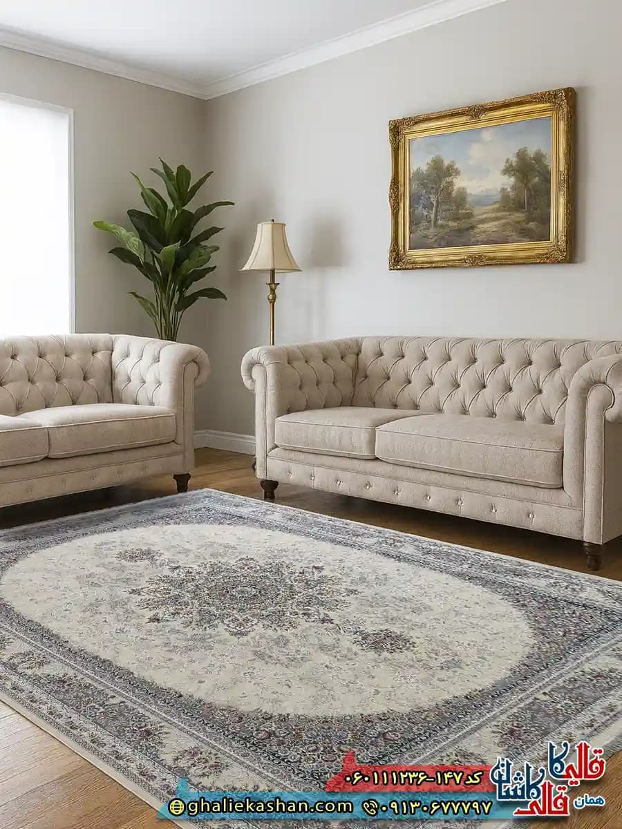 فرش 1200 شانه طرح برسان رنگ کرم گل برجسته کاشان