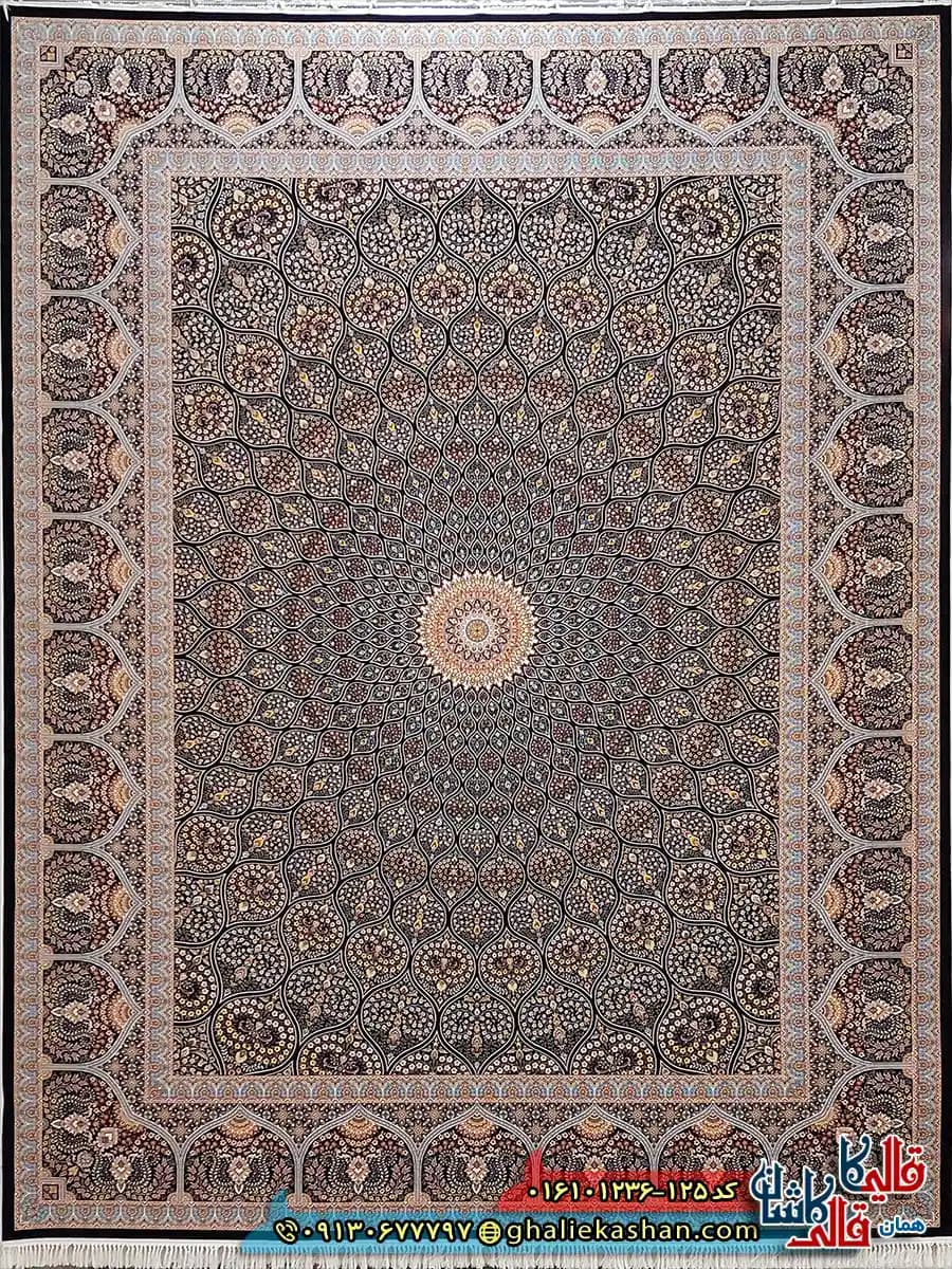 فرش کلاسیک 1200 شانه اصیل طرح سلطانیه گنبد رنگ سرمه ای کاشان — تصویر ۲