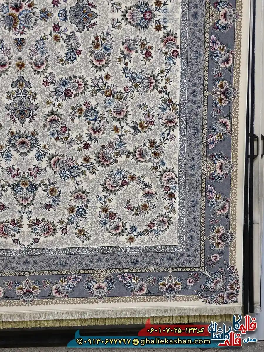 فرش کلاسیک 700 شانه طرح افشان ساحل رنگ کرم کاشان — تصویر ۲