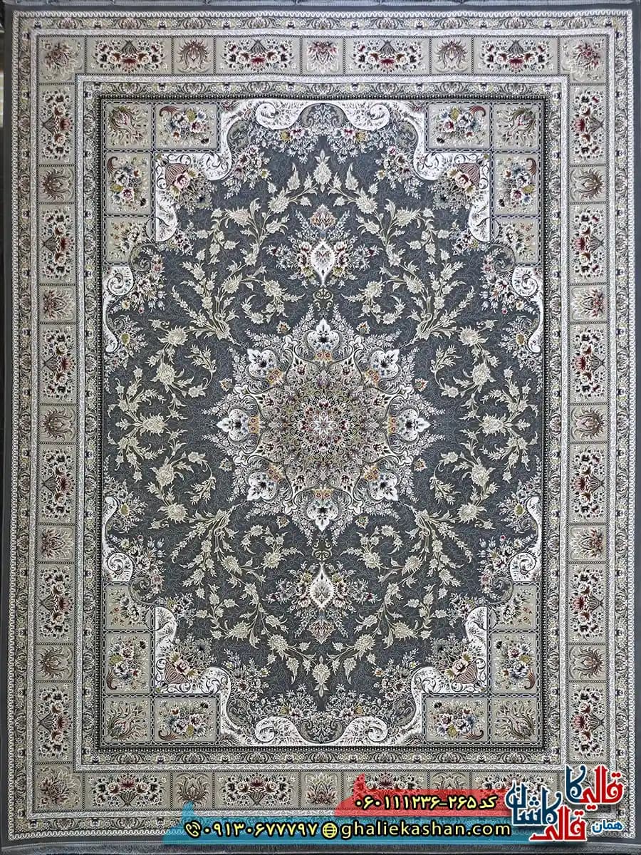 فرش 1200 شانه طرح وانیار رنگ طوسی دودی گل برجسته کاشان