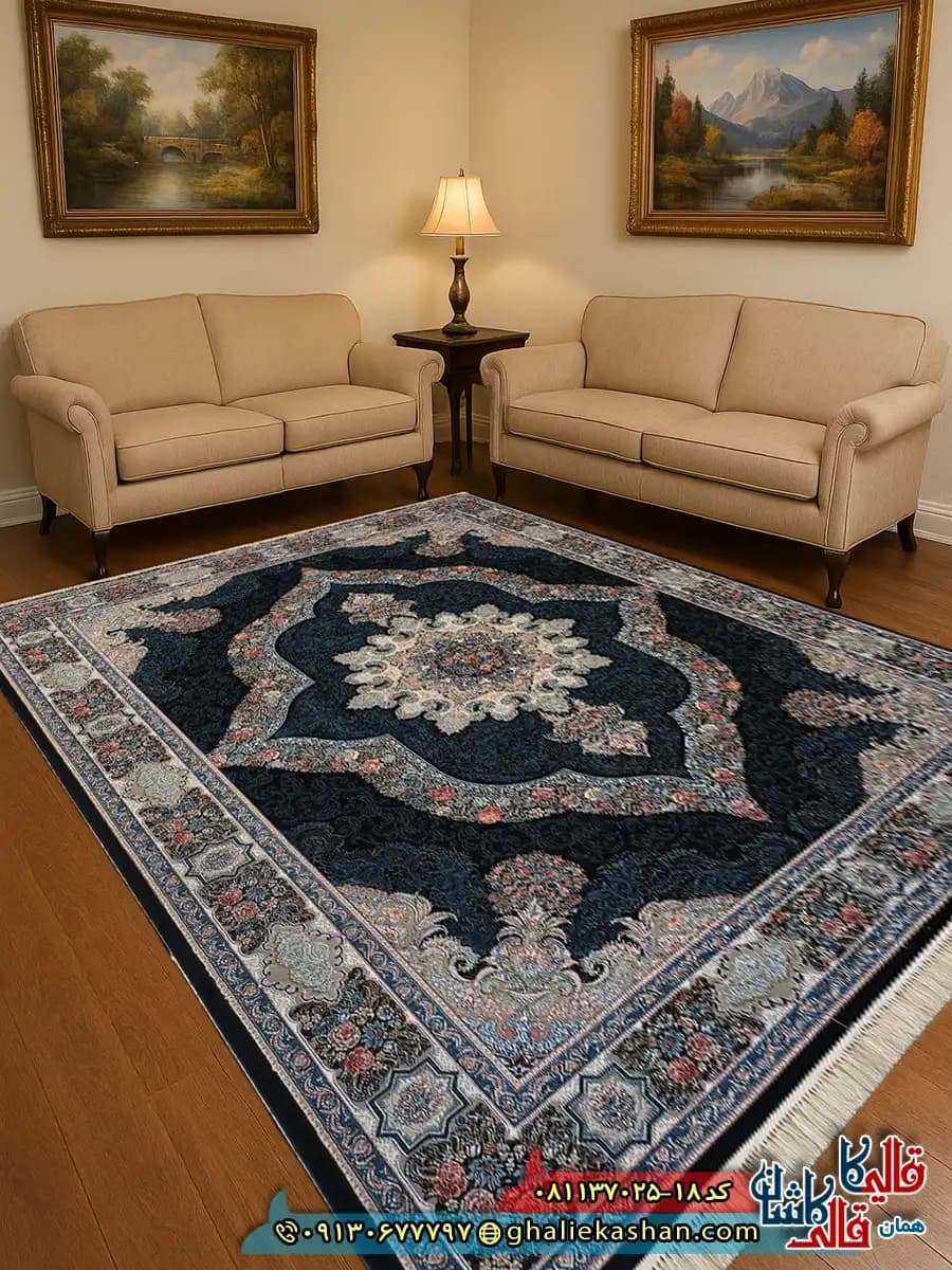فرش کلاسیک 700 شانه طرح کارینا رنگ سرمه ای کاشان