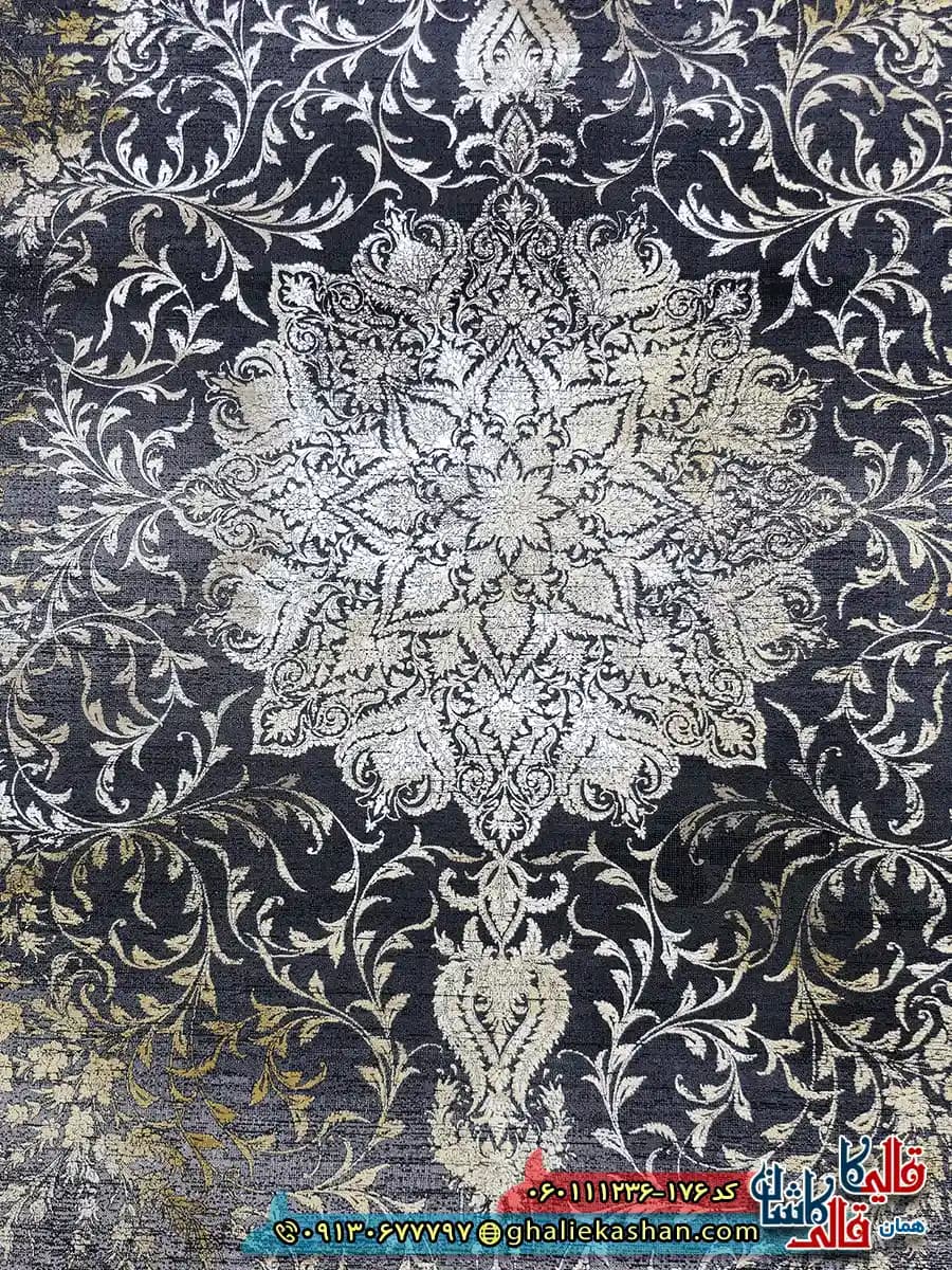 فرش طلاکوب وینتیج 1200 شانه طرح آرشا رنگ سرمه ای گل برجسته کاشان — تصویر ۳