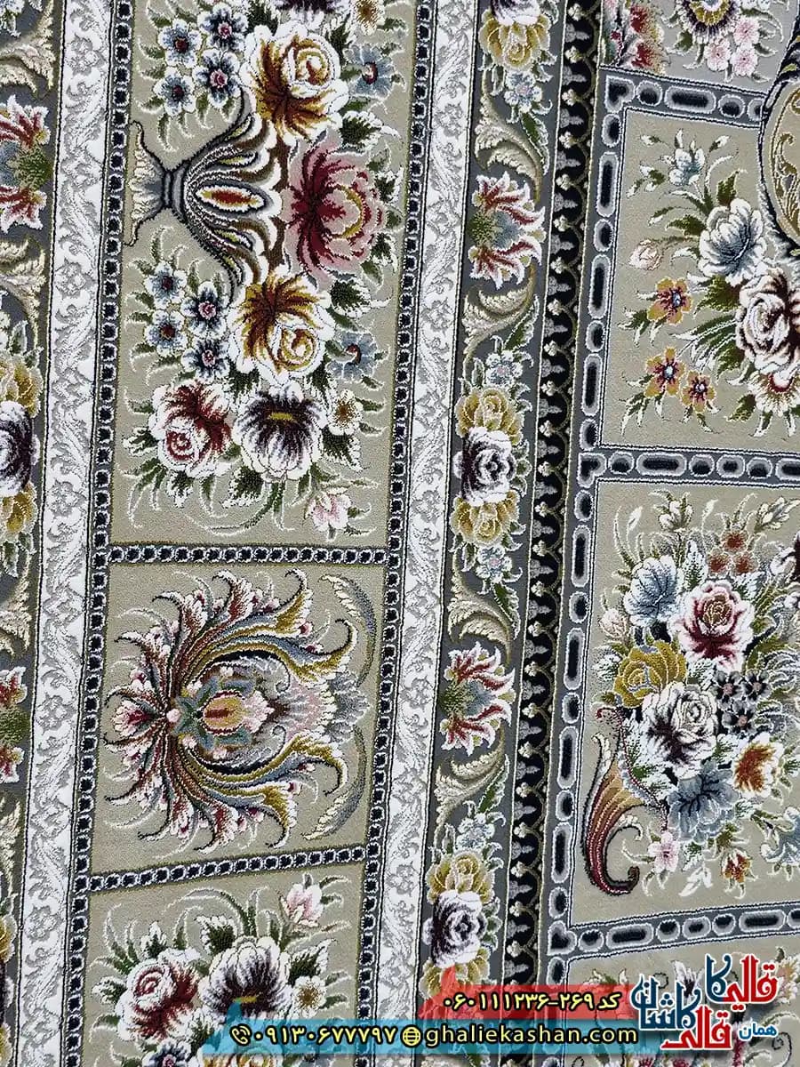 فرش 1200 شانه طرح وانیار رنگ بژ گل برجسته کاشان — تصویر ۴