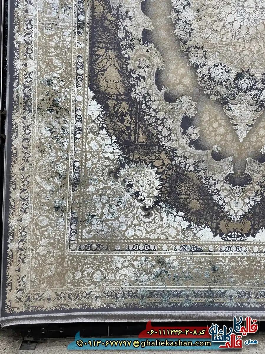 فرش وینتیج 1200 شانه طرح توسکا رنگ قهوه ای سبز گل برجسته کاشان — تصویر ۳