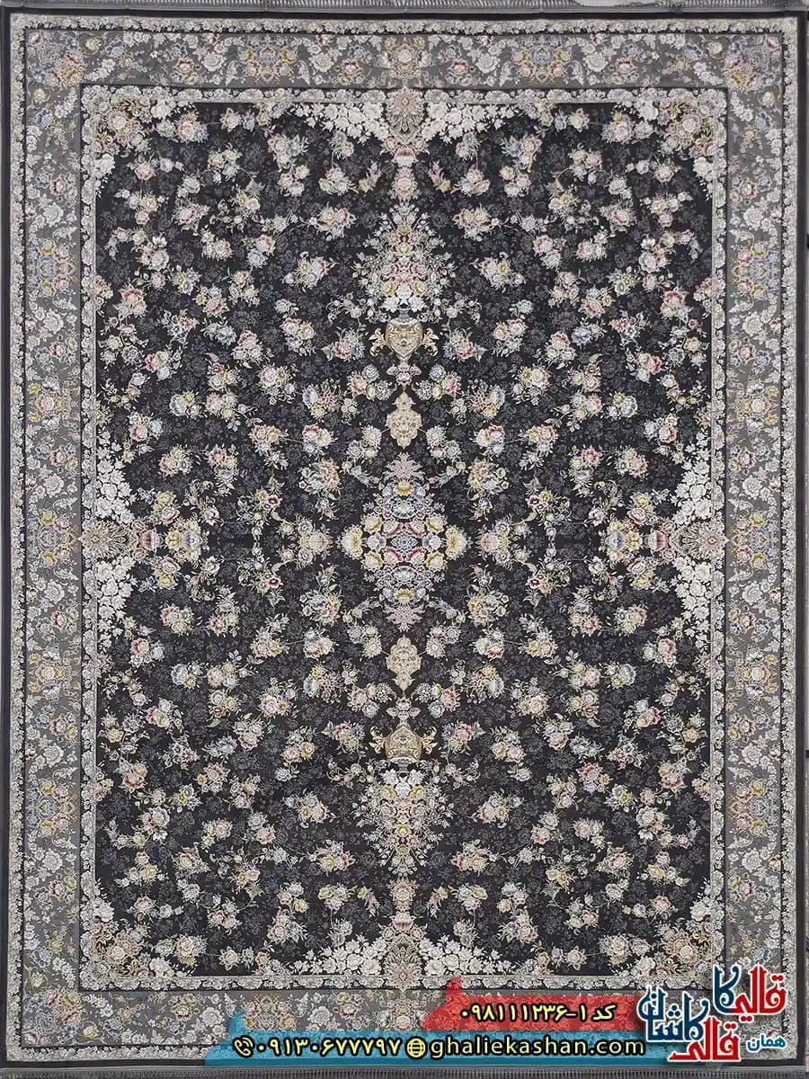 فرش 1200 شانه طرح افشان سیمین رنگ طوسی دودی گل برجسته کاشان