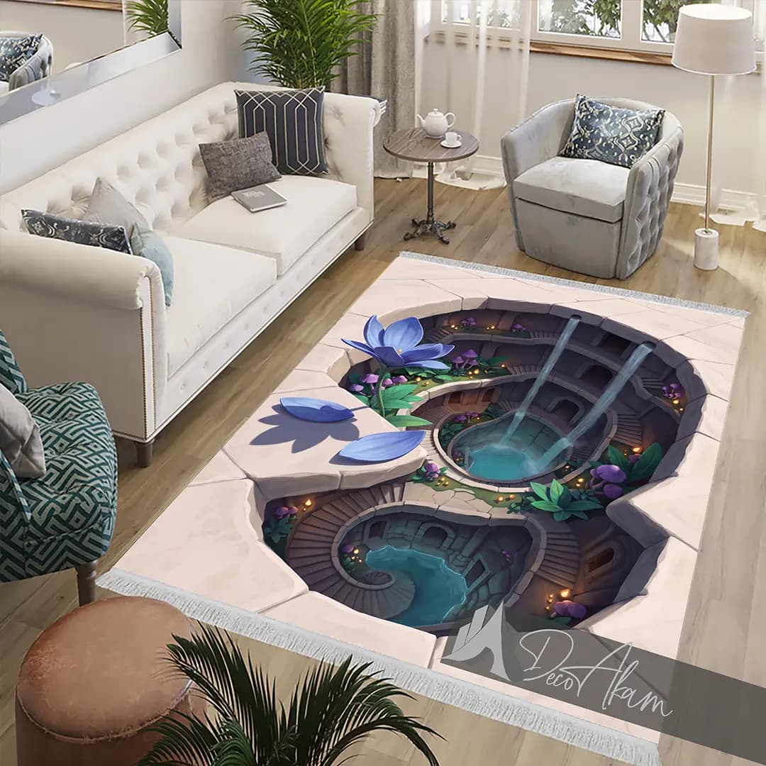 فرشینه سه بعدی تونل جادویی با گلهای آبی کد DA-(1321) | دکور فانتزی — تصویر ۳
