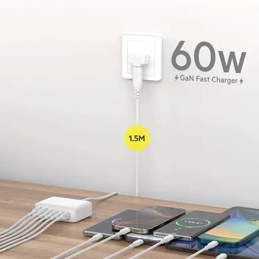 هاب شارژ رومیزی 60W GaN بودی 6 پورت به همراه کابل 1.5 متری مدل AC318EW با گارانتی 18 ماهه (6 ماه تعویض) — تصویر ۱۱