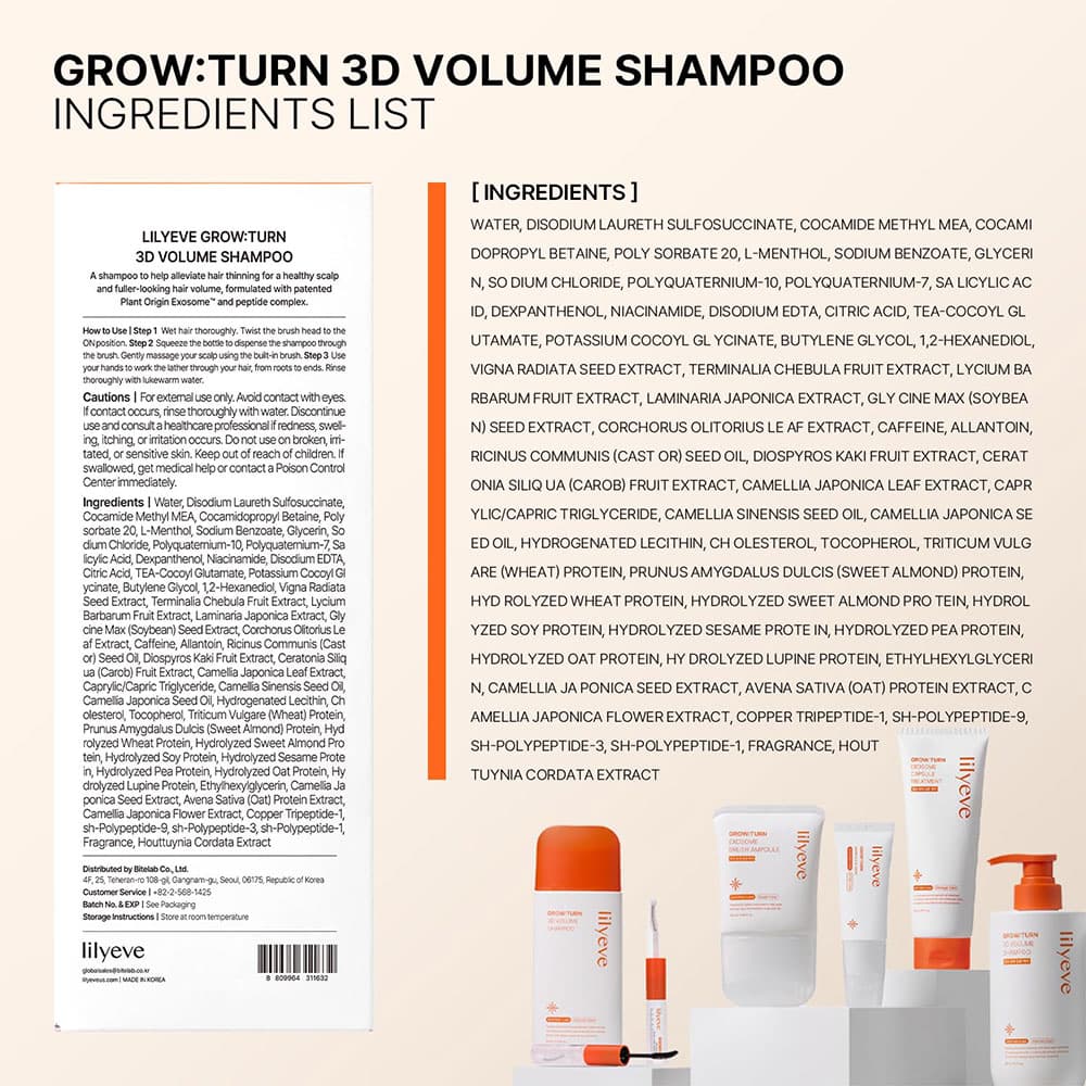 شامپو ضد ریزش و حجم دهنده موی لیلیوئه Lilyeve GrowTurn 3D Volume Shampoo with Brush مناسب موهای نازک و کمحجم حجم۲۰۰میلی لیتر — تصویر ۲