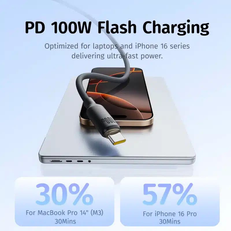 کابل سیلیکونی 100 وات باسئوس مدل Baseus Foamy Silicone PD 100W USB-C to USB-C Cable — تصویر ۳