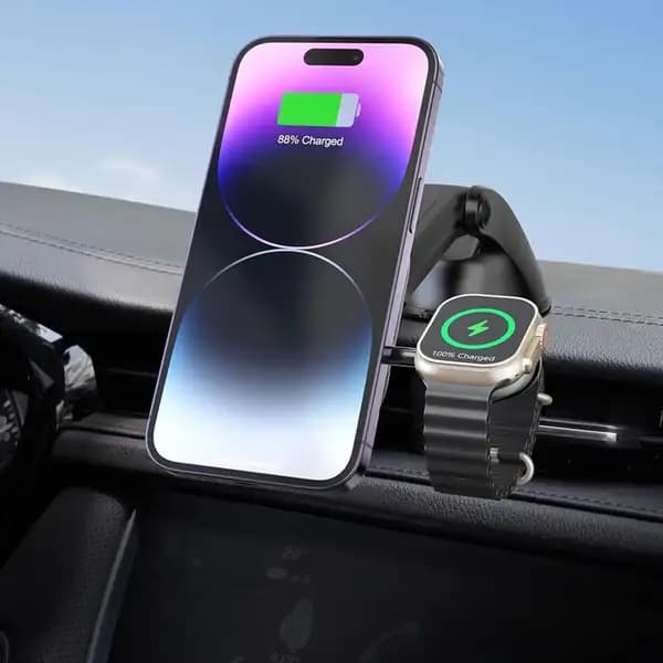 هولدر و نگهدارنده مگنتی موبایل خودرو و شارژر وایرلس آیفون و اپل واچ لولو مدل Levelo Siena 2 in 1 Wireless Car Charger — تصویر ۳