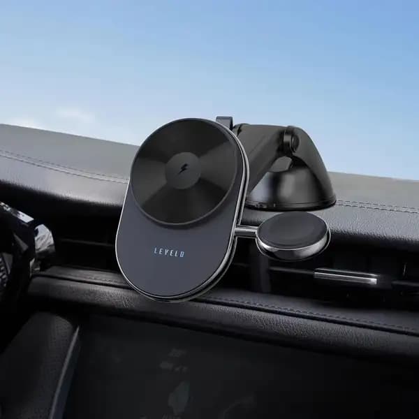 هولدر و نگهدارنده مگنتی موبایل خودرو و شارژر وایرلس آیفون و اپل واچ لولو مدل Levelo Siena 2 in 1 Wireless Car Charger — تصویر ۴