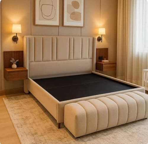 تخت خواب دو نفره 200×160 همراه پاتختی و پاف مبلمان فرنا مدل 1143723