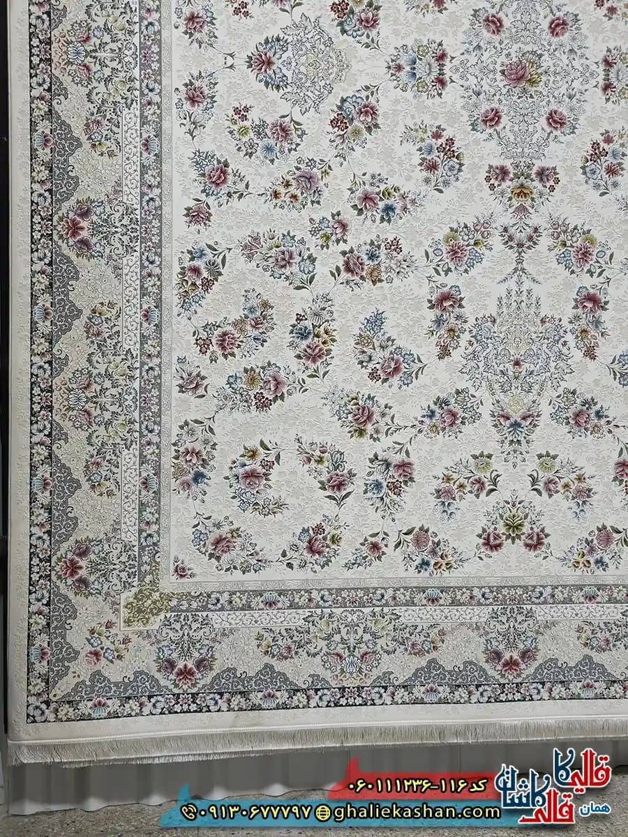 فرش 1200 شانه طرح افشان سیمین رنگ سفید گل برجسته کاشان — تصویر ۳