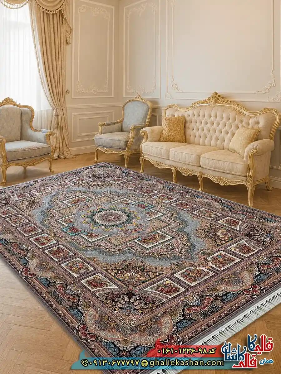 فرش 1200 شانه طرح حوض نقره رنگ نقره ای کاشان