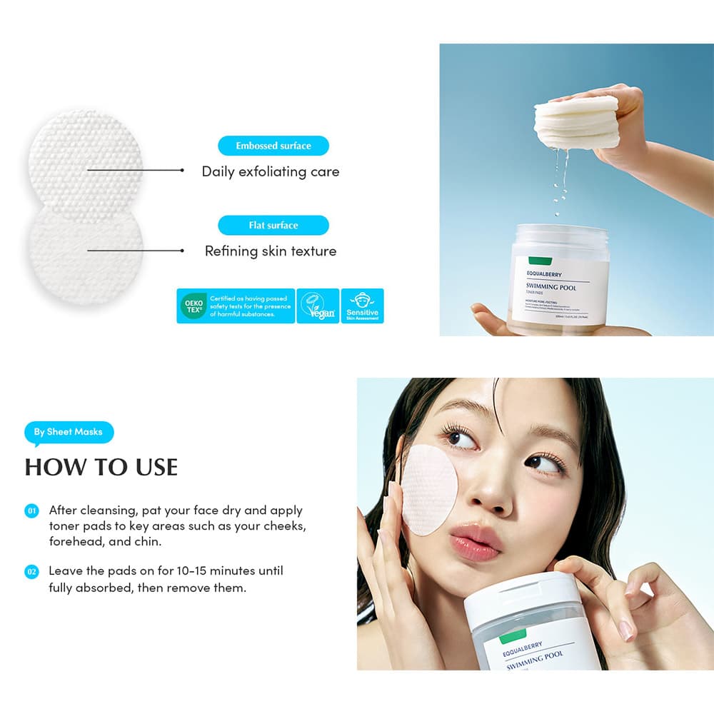 پد تونر آبرسان و تسکین دهنده اکوال بری EQQUALBERRY Swimming Pool Toner Pads مناسب انواع پوست حجم 220 میلی لیتر — تصویر ۸